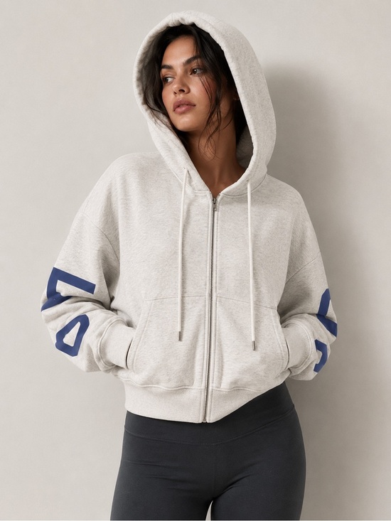 Tops - Oversized Cropped Zip Hoodie Fleece Lined Varsity Graphic Streetwear L NWOT